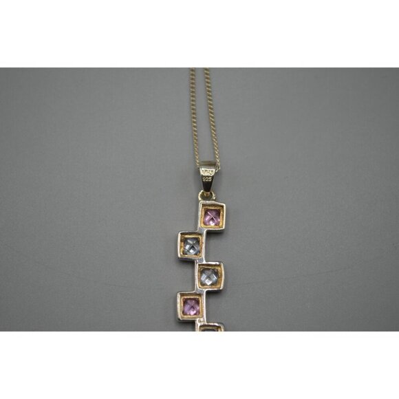 Square Rhinestone Drop Pendant Necklace Sterling Silver 925 MHJ 3.8g 9.25" Pink - Picture 7 of 8